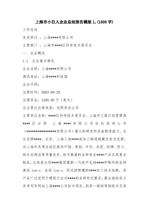 优秀工作总结范文：上海市小巨人企业总结报告模版1,(1500字)