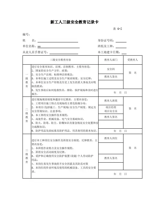 施工现场三级安全教育内容与表格