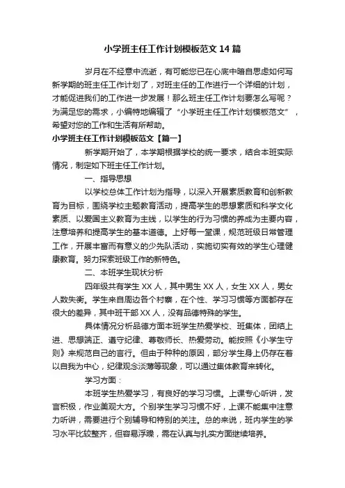 小学班主任工作计划模板范文14篇