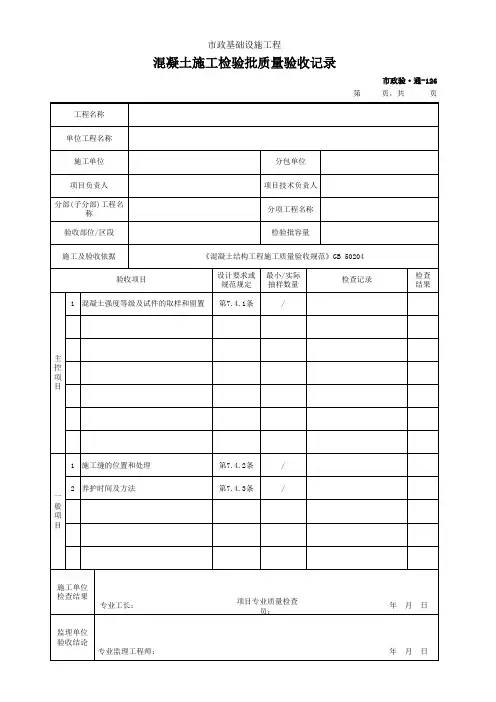 市政验·通-126 混凝土施工检验批质量验收记录