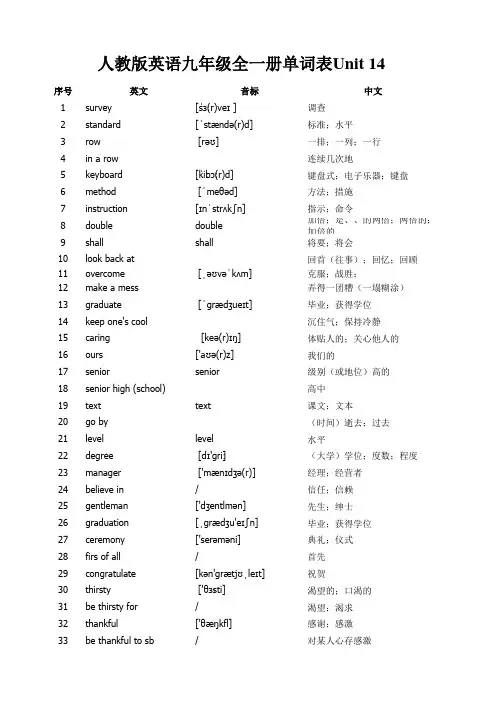 人教版英语九年级全一册单词表 Unit 14