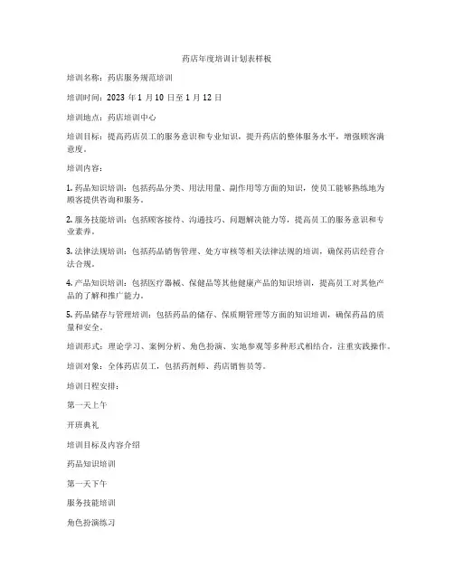 药店年度培训计划表样板