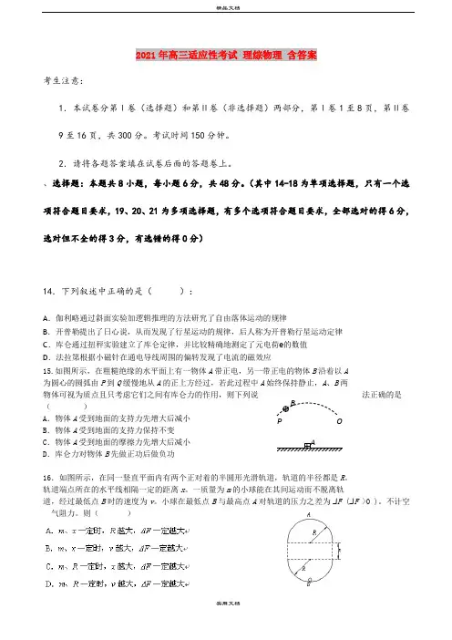 2021年高三适应性考试 理综物理 含答案