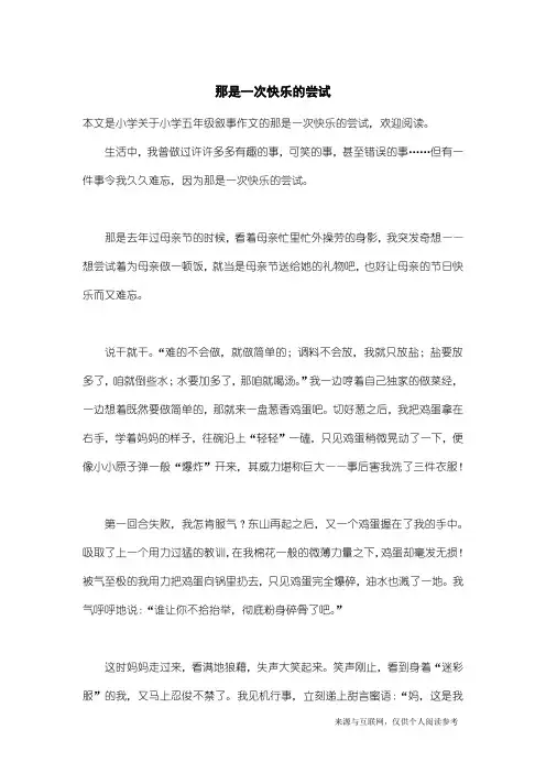 小学五年级叙事作文：那是一次快乐的尝试