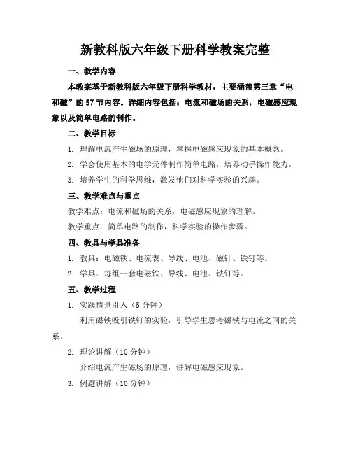 新教科版六年级下册科学教案完整