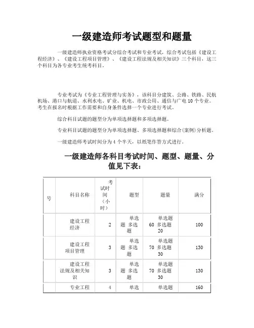 一级建造师考试题型和题量