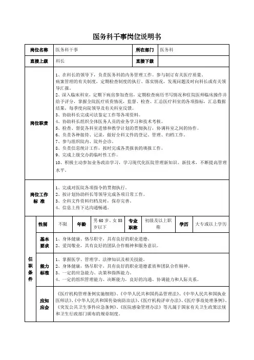 医务科干事岗位说明书
