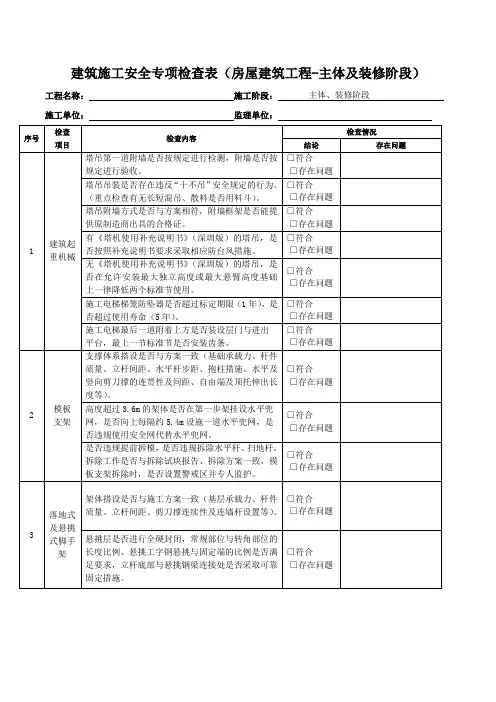 建筑施工安全专项检查表(房屋建筑工程-主体及装修阶段)