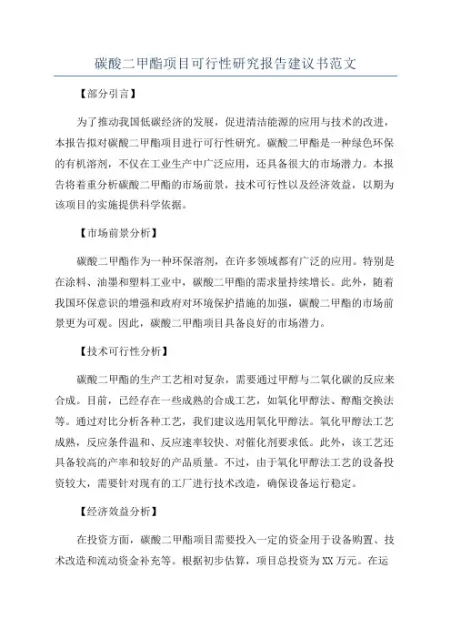 碳酸二甲酯项目可行性研究报告建议书范文