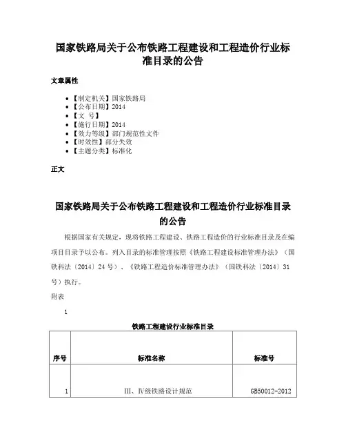 国家铁路局关于公布铁路工程建设和工程造价行业标准目录的公告