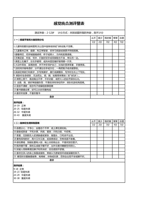 2-12岁感觉统合评价测量表(教师必备)