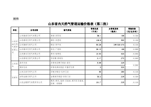 山东内天然气管道运输价格表第二批