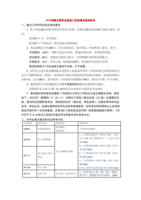 242012年四川大学化学工程学院硕士研究生复试工作安排及复试科目