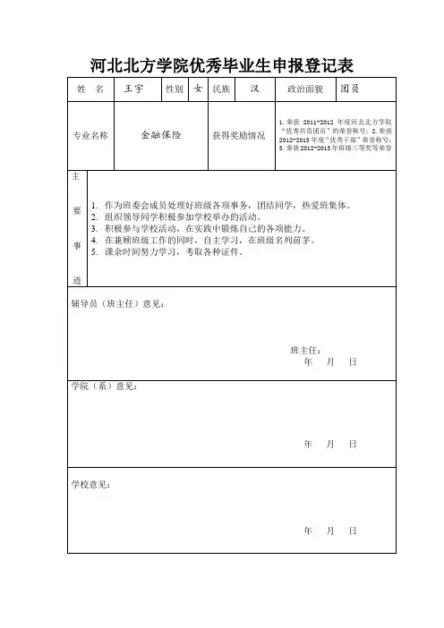 河北北方学院优秀毕业生申报登记表(校级)