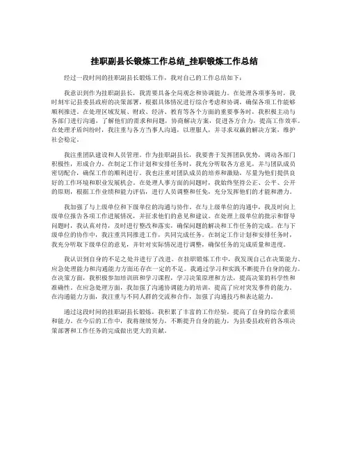 挂职副县长锻炼工作总结_挂职锻炼工作总结