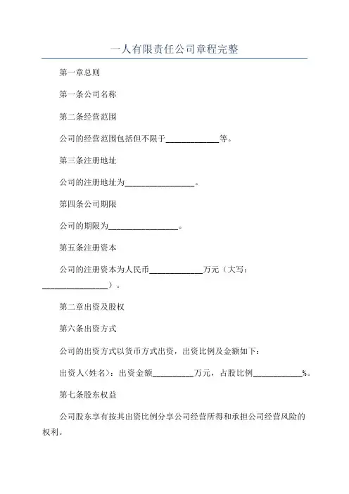 一人有限责任公司章程完整