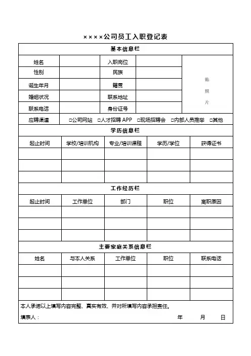 公司新员工入职登记表