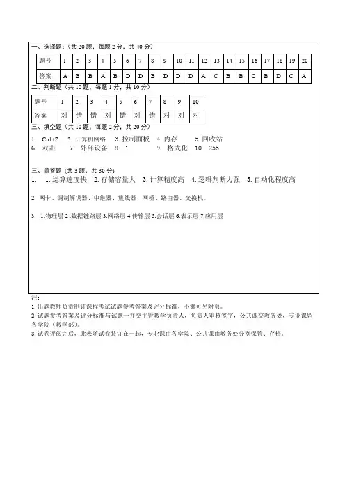 计算机应用基础 A卷答案