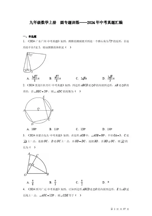 九年级数学上册  圆专题训练——2024年中考真题汇编含解析