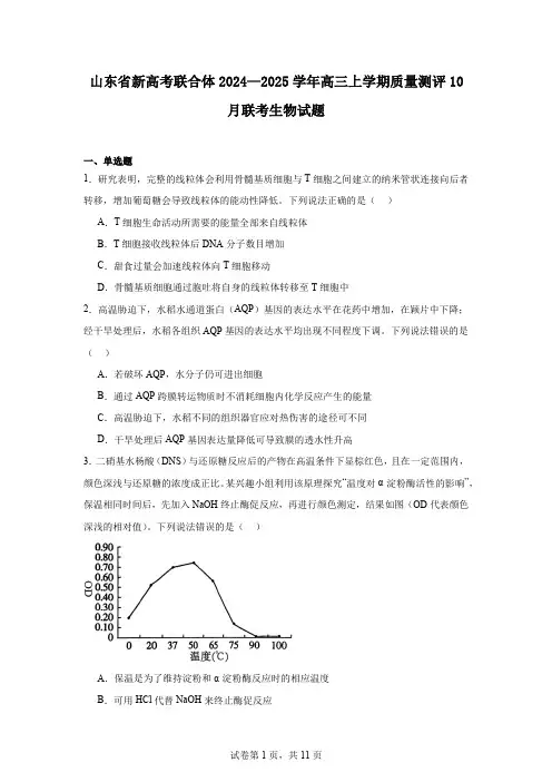 山东省新高考联合体2024—2025学年高三上学期质量测评10月联考生物试题