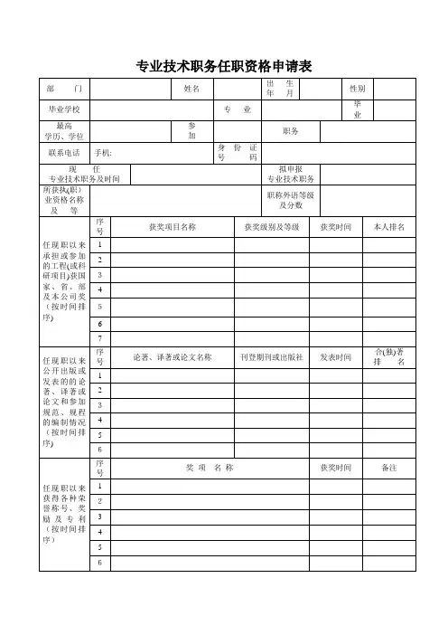 专业技术职务任职资格申请表