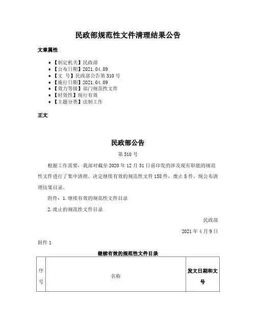 民政部规范性文件清理结果公告