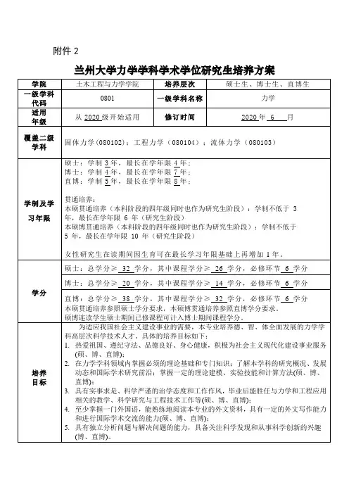 兰州大学力学学科学术学位研究生培养方案