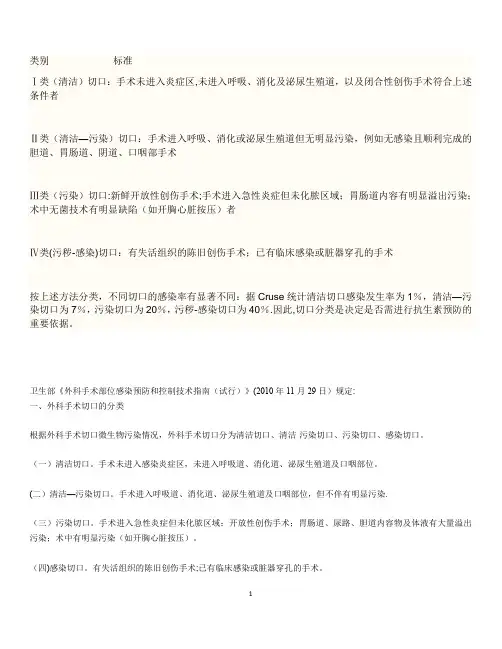 手术切口分类Ⅰ、Ⅱ、Ⅲ、Ⅳ类切口分类的标准[1]