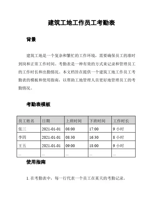 建筑工地工作员工考勤表