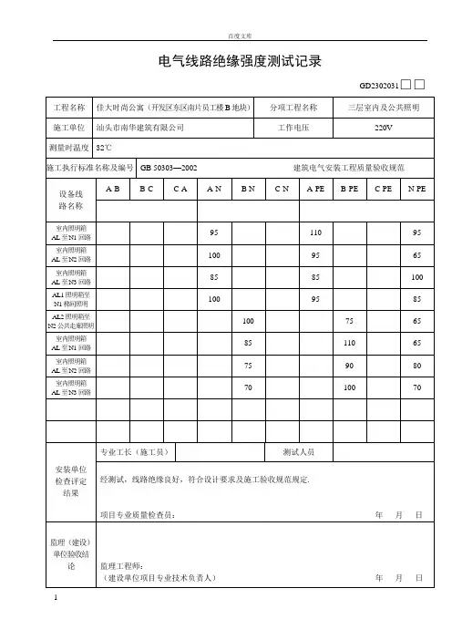 电气线路绝缘强度测试记录