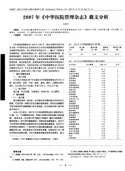 2007年《中华医院管理杂志》载文分析