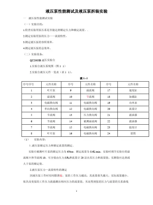 液压泵性能测试及液压泵拆装实验