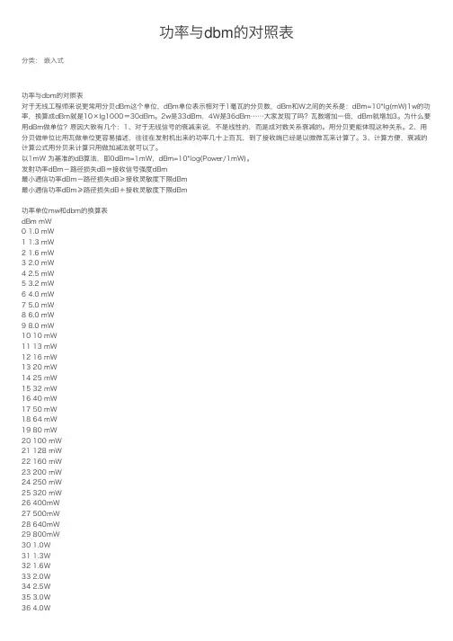 功率与dbm的对照表