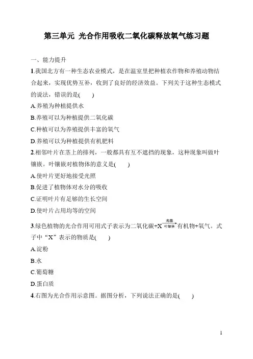 七年级上册科学《生物》第三单元光合作用吸收二氧化碳释放氧气练习题(含答案)
