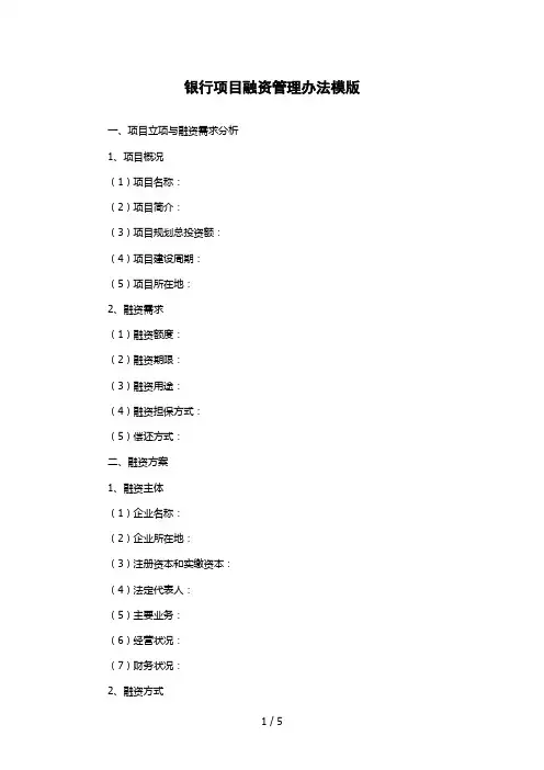 银行项目融资管理办法模版