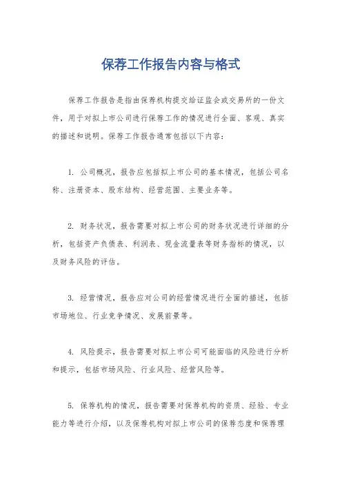 保荐工作报告内容与格式