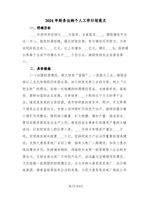 2024年财务出纳个人工作计划范文(五篇)