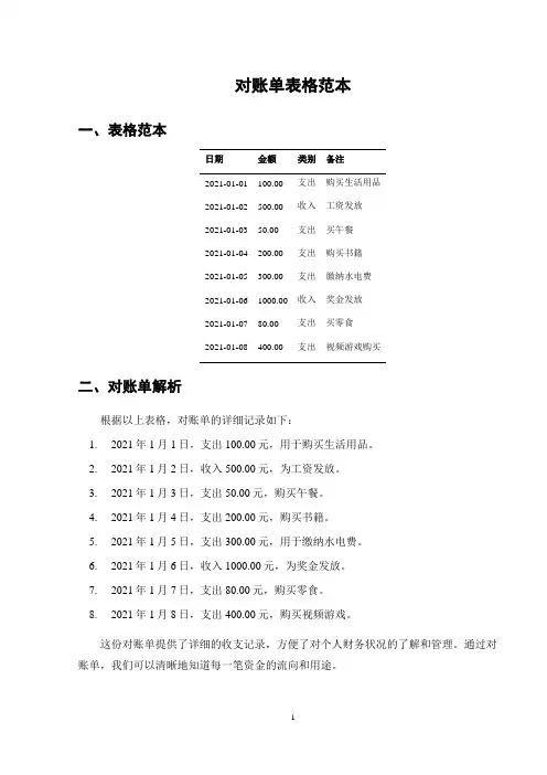 对账单表格范本
