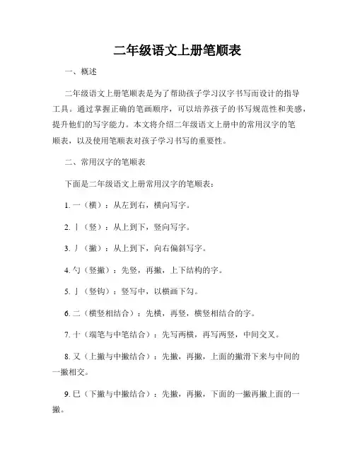 二年级语文上册笔顺表