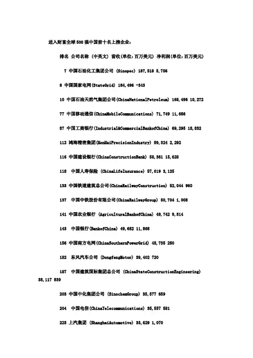 进入财富全球500强中国前十名上榜企业