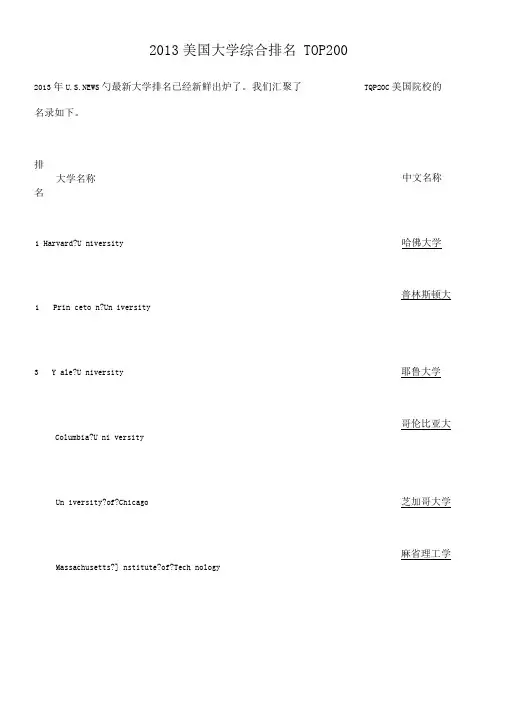 2013美国大学综合排名TOP200