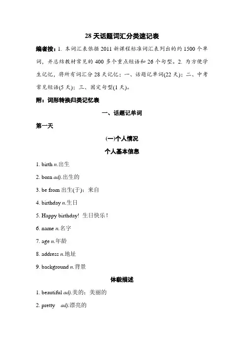 中考英语28天话题词汇单词分类速记表