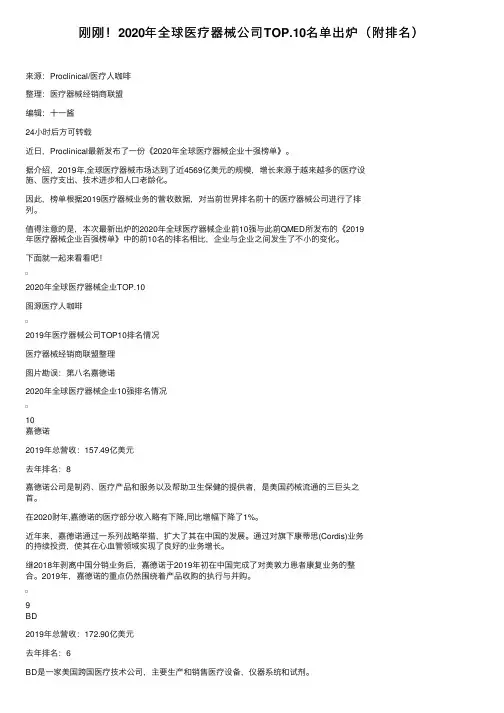刚刚！2020年全球医疗器械公司TOP.10名单出炉（附排名）