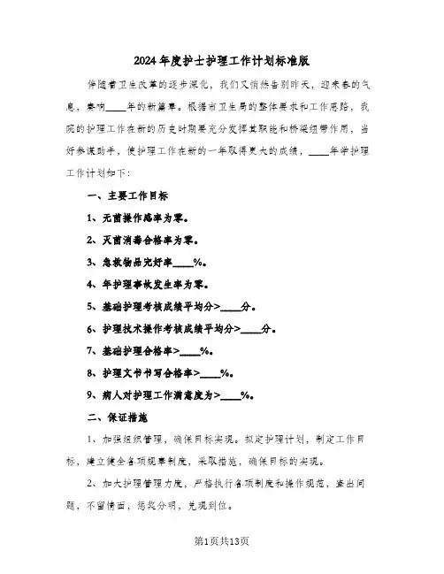 2024年度护士护理工作计划标准版(4篇)