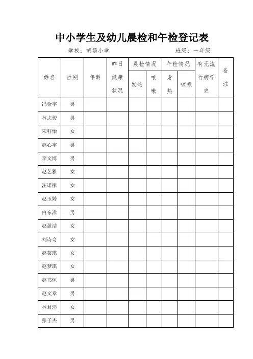 中小学生及幼儿晨检和午检登记表