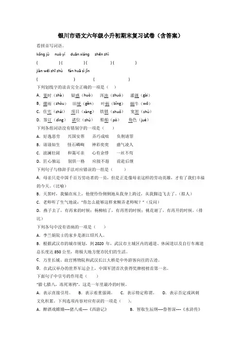 银川市语文六年级小升初期末复习试卷(含答案)