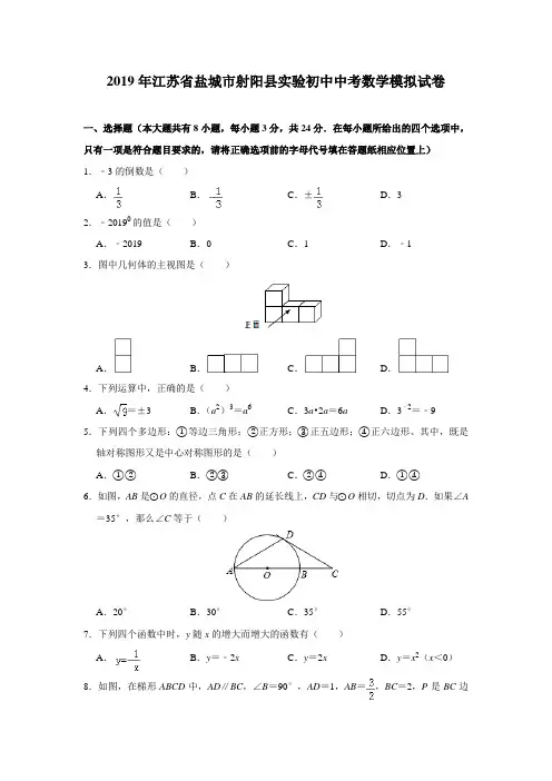 江苏省盐城市射阳县实验初中2019年中考数学模拟试卷(含解析)
