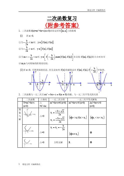 「精选」人教版最新高考数学专题复习——二次函数附参考答案-精选文档