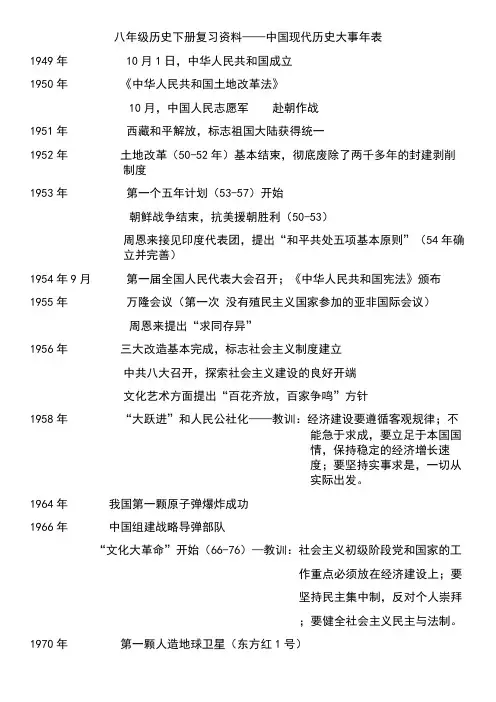八年级历史下册复习资料——中国现代历史大事年表