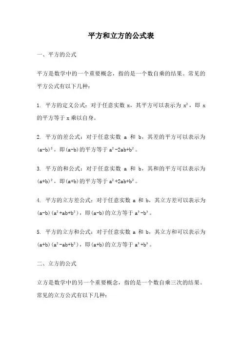 平方和立方的公式表